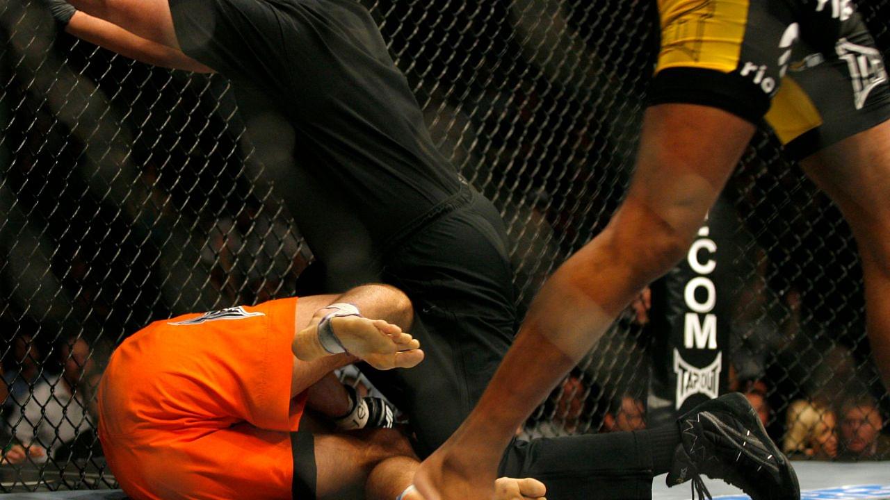 UFC middleweight champion Anderson Silva (black) and Rich Franklin (orange) face off in their 5 round bout at the US Bank Arena in Cincinnati, OH. Silva retained his title via 2nd round stoppage due to strikes.