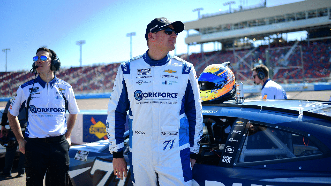 Mar 8, 2025; Avondale, AZ, USA; NASCAR Cup Series driver Michael McDowell (71) during qualifying for the Shrines Children’s 500 at Phoenix Raceway. Mandatory Credit: Gary A. Vasquez-Imagn Images