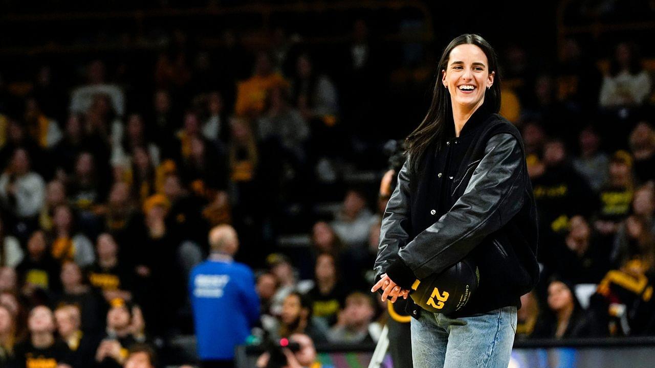 Caitlin Clark reacts during a video featuring clips submitted by fans during her jersey retirement ceremony Sunday, Feb. 2, 2025 at Carver-Hawkeye Arena in Iowa City, Iowa.