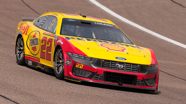Mar 23, 2025; Homestead, Florida, USA; NASCAR Cup Series driver Joey Logano (22) races during the Straight Talk Wireless 400 at Homestead-Miami Speedway. Mandatory Credit: Sam Navarro-Imagn Images