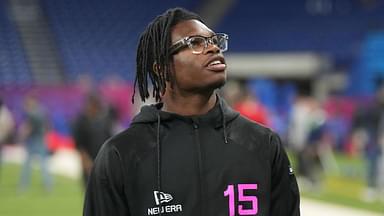 Colorado defensive back Travis Hunter (DB15) looks on during the 2025 NFL Scouting Combine at Lucas Oil Stadium.