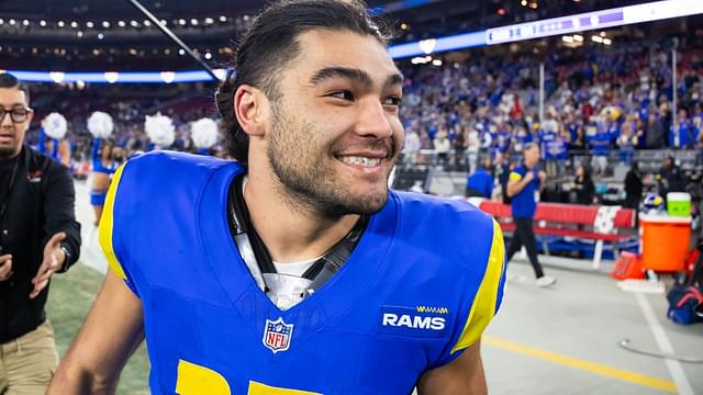 Los Angeles Rams wide receiver Puka Nacua (17) celebrates after defeating the Minnesota Vikings during an NFC wild card game at State Farm Stadium.