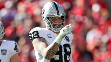 Dec 8, 2024; Tampa, Florida, USA; Las Vegas Raiders defensive end Maxx Crosby (98) celebrates after a sack against the Tampa Bay Buccaneers in the second quarter at Raymond James Stadium.