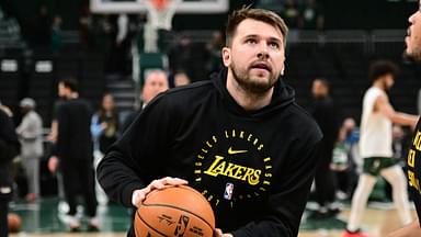 Los Angeles Lakers guard Luka Doncic (77) warms up before a game against the Milwaukee Bucks at Fiserv Forum