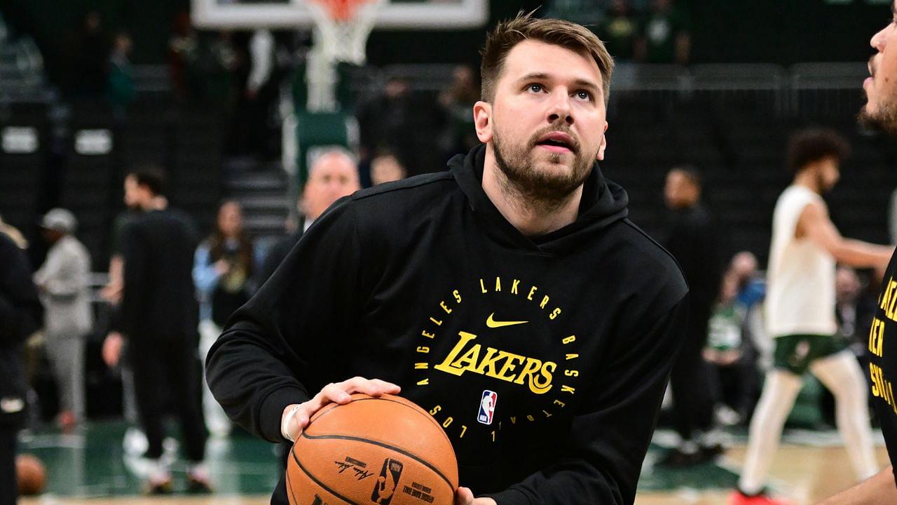 Los Angeles Lakers guard Luka Doncic (77) warms up before a game against the Milwaukee Bucks at Fiserv Forum