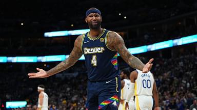 Denver Nuggets center DeMarcus Cousins (4) reacts to a foul in the second quarter against the Golden State Warriors of the first round for the 2022 NBA playoffs at Ball Arena.