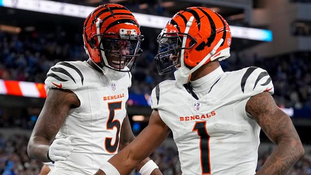 Cincinnati Bengals wide receivers Tee Higgins (5) and Ja'Marr Chase (1) celebrate a touchdown during a game on Nov. 17, 2024.