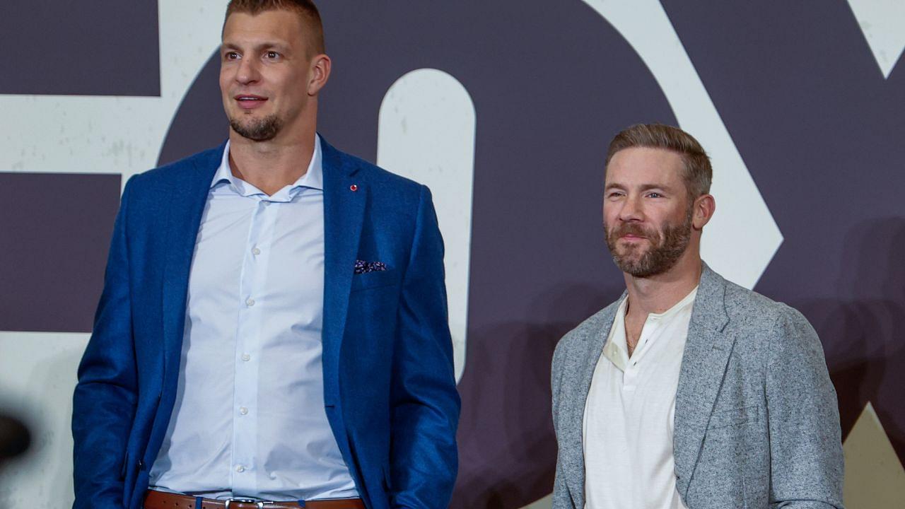 Fox NFL analyst Rob Gronkowski and kickoff analyst Julian Edelman during a Fox Sports media party in advance of Super Bowl LIX at Convention Center.