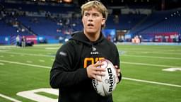 Mississippi quarterback Jaxson Dart (QB03) during the 2025 NFL Combine at Lucas Oil Stadium.