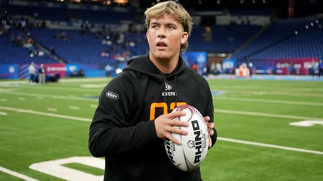 Mississippi quarterback Jaxson Dart (QB03) during the 2025 NFL Combine at Lucas Oil Stadium.