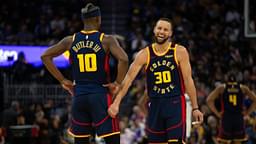 Golden State Warriors forward Jimmy Butler III (10) and guard Stephen Curry (30) share a laugh during the second quarter against the Sacramento Kings at Chase Center.