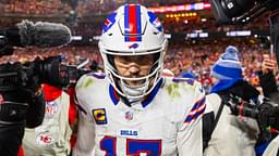 Jan 26, 2025; Kansas City, MO, USA; Buffalo Bills quarterback Josh Allen (17) reacts as he walks off the field after losing to the Kansas City Chiefs during the AFC Championship game at GEHA Field at Arrowhead Stadium.