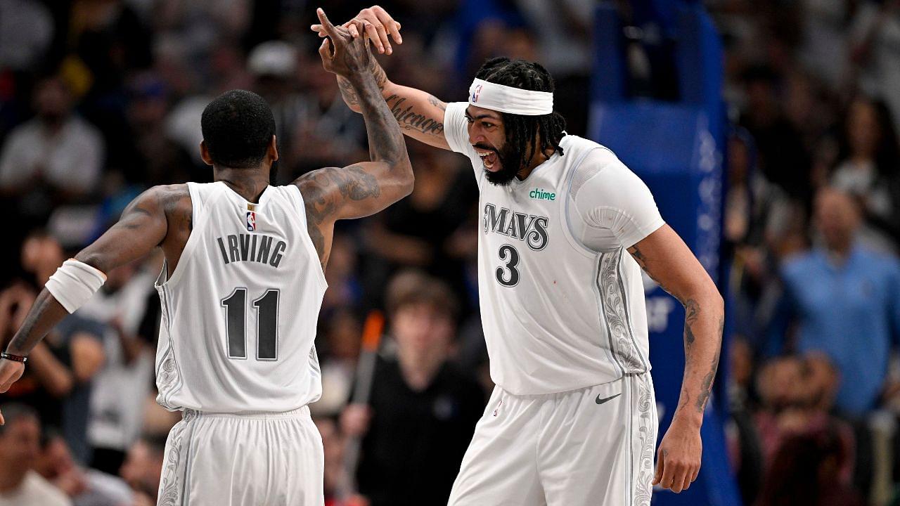 Dallas Mavericks forward Anthony Davis (3) and guard Kyrie Irving (11) celebrates after Davis dunks the ball during the second quarter against the Houston Rockets at American Airlines Center.