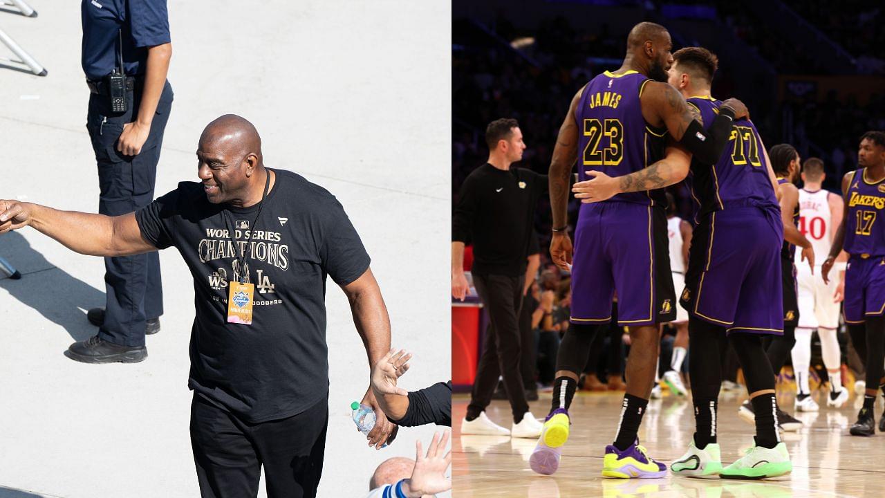 Magic Johnson (L), LeBron James and Luka Doncic (R)