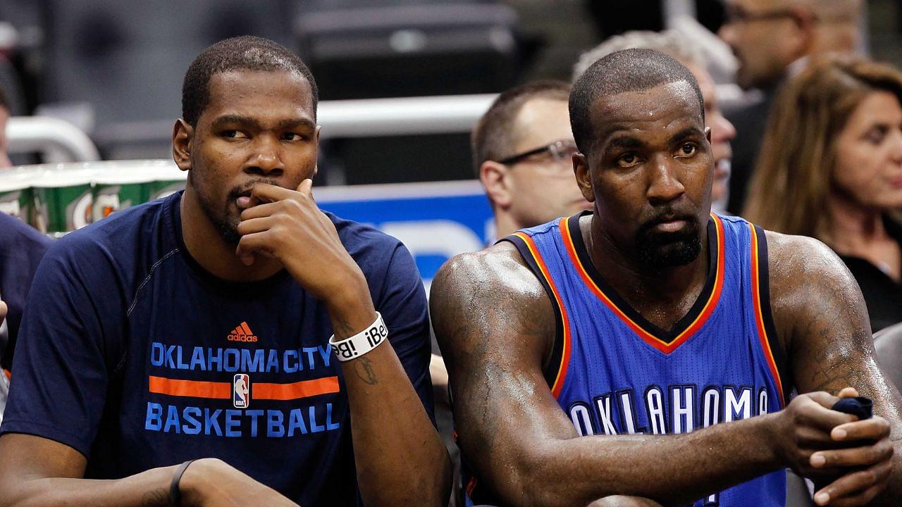 Oklahoma City Thunder forward Kevin Durant (35) and center Kendrick Perkins (5) look on from the bench against the Orlando Magic during the second half at Amway Center. Oklahoma City Thunder defeated the Orlando Magic 127-99