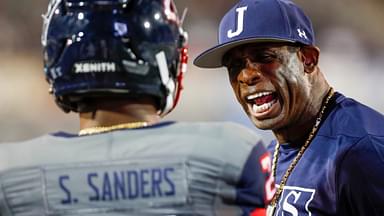 Jackson State head coach Deion Sanders yells at Jackson State safety Shilo Sanders (21) on the sideline in the Southern Heritage Classic between Tennessee State University and Jackson State University at Liberty Bowl Memorial Stadium in Memphis, Tenn., on Saturday, Sept. 11, 2021. Hpt Southern Heritage Classic 41