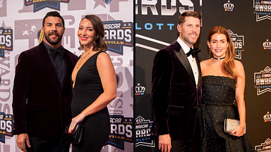 Bubba Wallace with his wife, Amanda Wallace (L) and Denny Hamlin with his fiancé Jordan Fish (R).