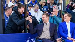 Dallas Mavericks guard Luka Doncic and former player Dirk Nowitzki and Mavericks owner Mark Cuban during the ceremony for the unveiling of a statue of Nowitzki before the game between the Dallas Mavericks and the Los Angeles Lakers American Airlines Center