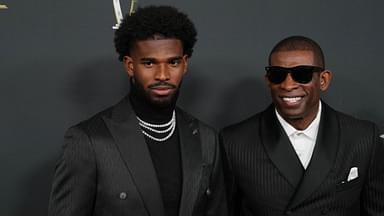 Deion Sanders (right) with his son Shedeur Sanders on the red carpet before Super Bowl LIX NFL Honors at Saenger Theatre.