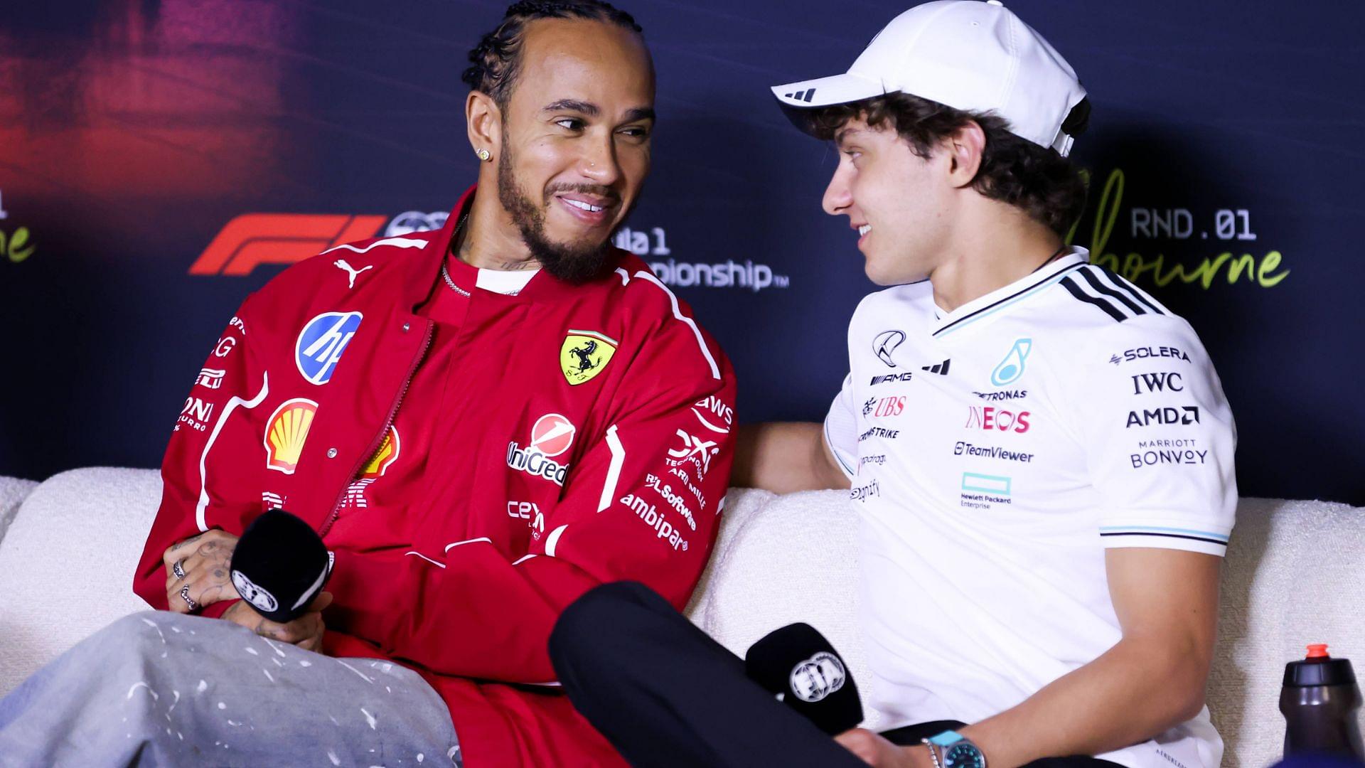 March 13, 2025: MELBOURNE, AUSTRALIA - MARCH 13: Lewis Hamilton of Great Britain and Scuderia Ferrari chats to Andrea Kimi Antonelli of Italy and Mercedes AMG Petronas F1 Team in a press conference