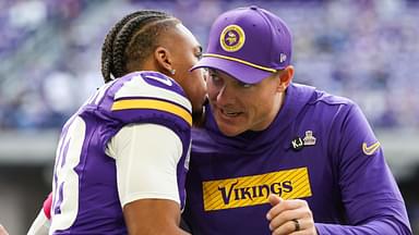 Oct 20, 2024; Minneapolis, Minnesota, USA; Minnesota Vikings wide receiver Justin Jefferson (18) hugs head coach Kevin O'Connell before the game against the Detroit Lions at U.S. Bank Stadium.