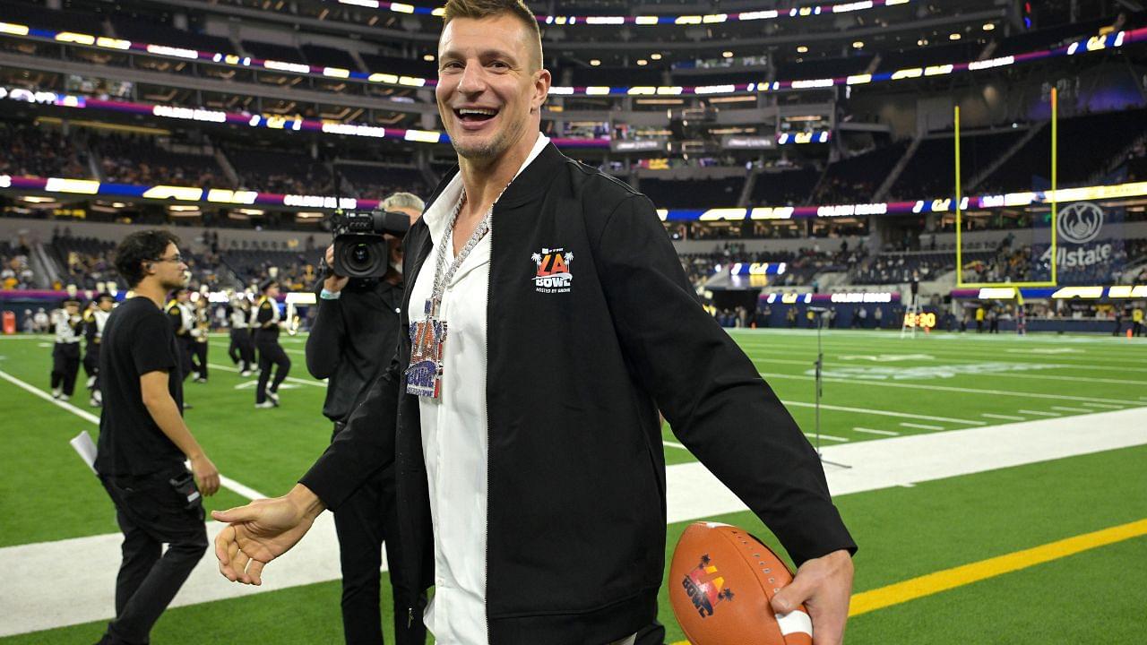 Rob Gronkowski on the field prior to the game between the California Golden Bears and the UNLV Rebels in the LA Bowl at SoFi Stadium.