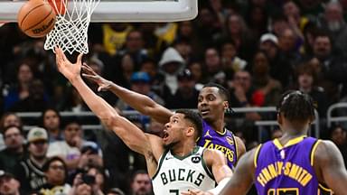 Milwaukee Bucks forward Giannis Antetokounmpo (34) takes a shot against Los Angeles Lakers center Christian Koloko (10) in the third quarter at Fiserv Forum