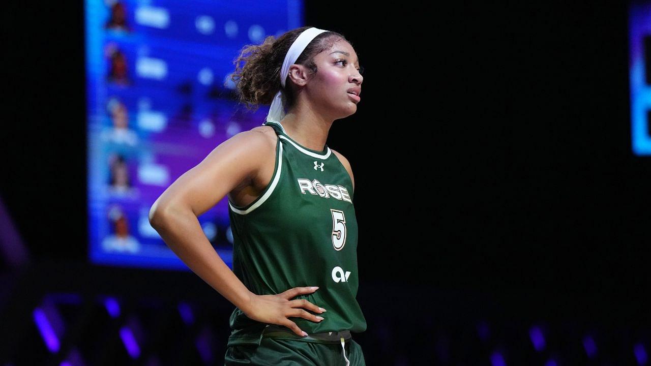 Angel Reese (5) of the Rose takes a moment against the Vinyl during a timeout in the first half of the Unrivaled women’s professional 3v3 basketball league at Wayfair Arena.