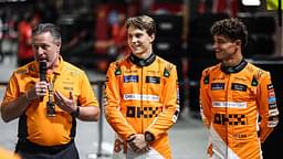 Zak Brown, Team Principal of McLaren F1 Team, Oscar Piastri of McLaren F1 Team MCL38, and Lando Norris of McLaren F1 Team MCL38 pose for a portrait during the Formula 1 Singapore Grand Prix 2024 on the Marina Bay Circuit in Singapore