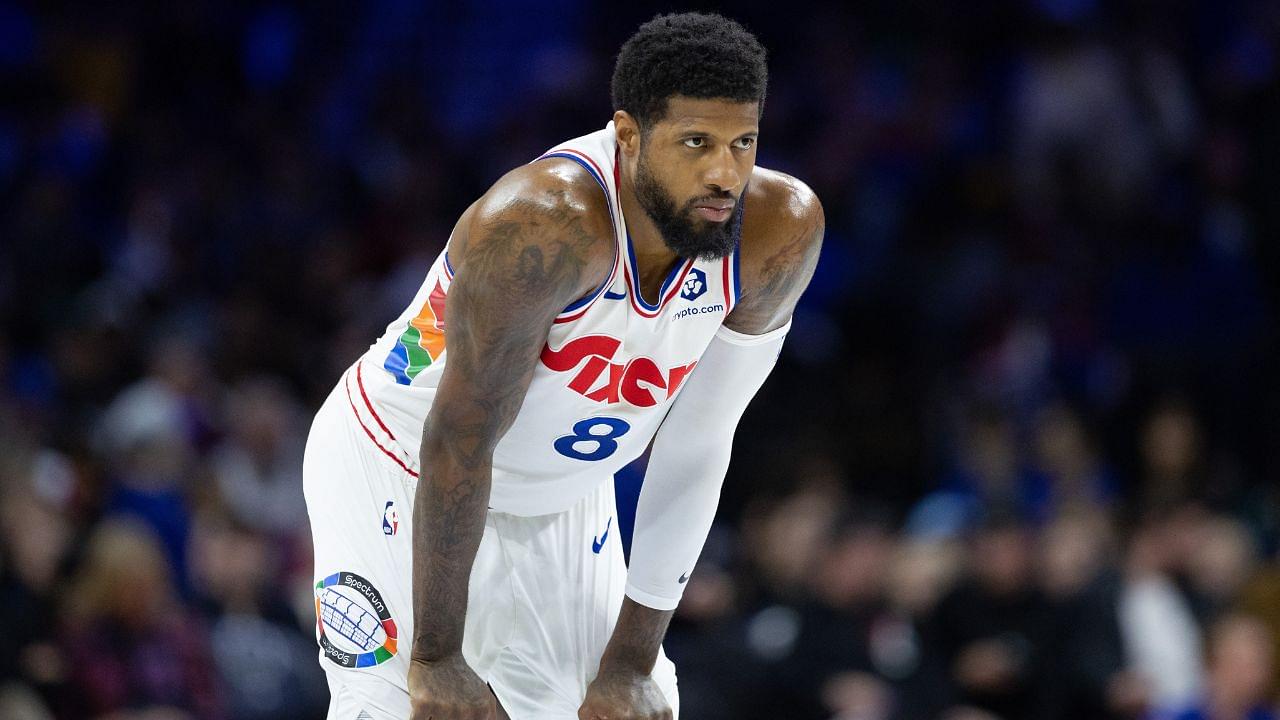 Philadelphia 76ers forward Paul George (8) looks on against the Golden State Warriors during the second quarter at Wells Fargo Center