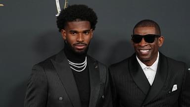 Deion Sanders (right) with his son Shedeur Sanders on the red carpet before Super Bowl LIX NFL Honors at Saenger Theatre.