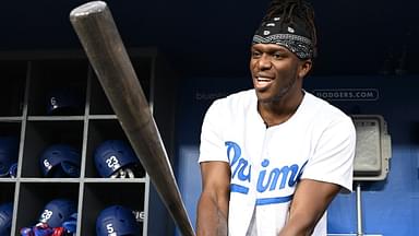 ; British YouTuber KSI and cruiserweight professional boxer swings a bat in the dugout prior to the game between the Los Angeles Dodgers and the Arizona Diamondbacks at Dodger Stadium.