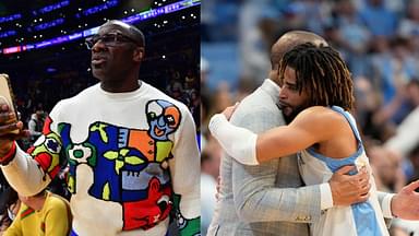 Shannon Sharpe (L), UNC guard RJ Davis and coach Hubert Davis (R)