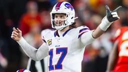 Jan 26, 2025; Kansas City, MO, USA; Buffalo Bills quarterback Josh Allen (17) reacts against the Kansas City Chiefs during the AFC Championship game at GEHA Field at Arrowhead Stadium.