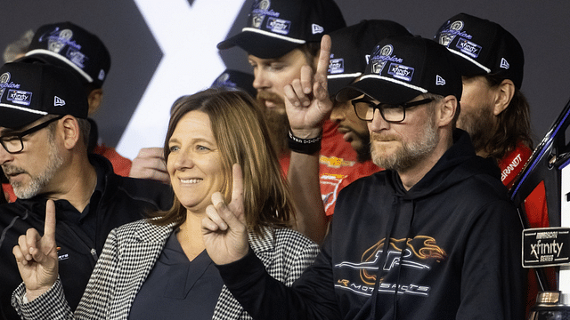 NASCAR Xfinity Series team owner Dale Earnhardt Jr and sister Kelley Earnhardt Miller celebrate after winning the 2024 Xfinity Series championship during the Championship race at Phoenix Raceway.