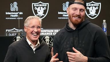 Las Vegas Raiders defensive end Maxx Crosby (right) and coach Pete Carroll at press conference at Intermountain Health Performance Center.