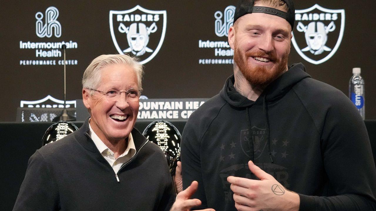 Las Vegas Raiders defensive end Maxx Crosby (right) and coach Pete Carroll at press conference at Intermountain Health Performance Center.