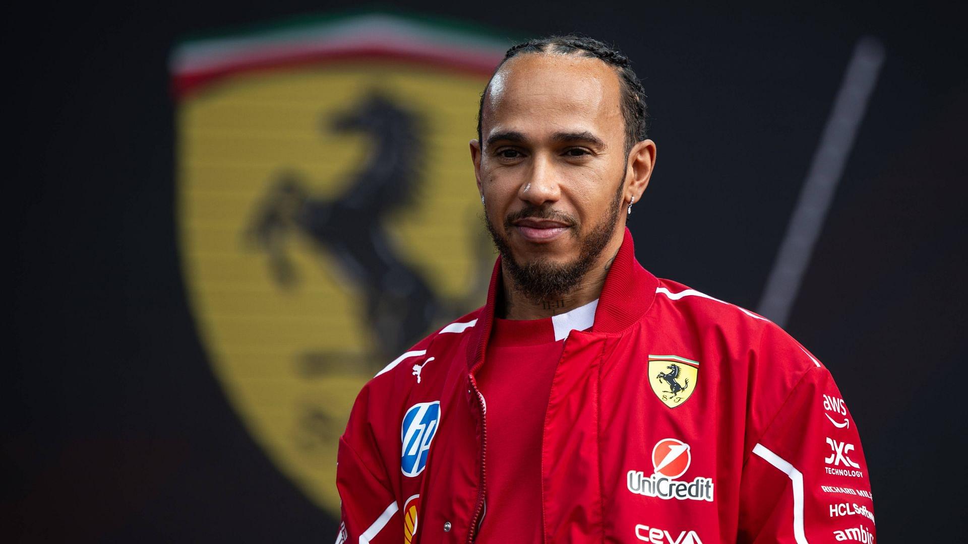 Lewis Hamilton Scuderia Ferrari HP, 44 at the Lakeside Fan Forum on stage, behind him Ferrari crest logo branding, AUS, Formula 1 World Championship, Luis Vuitton Australian Grand Prix, Albert Park Circuit Melbourne