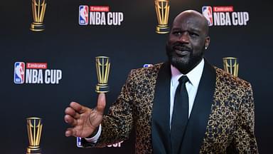 Shaquille O'Neal arrives on the red carpet before the Emirates NBA Cup semifinal game at T-Mobile Arena.