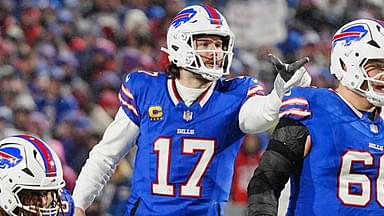 Buffalo Bills quarterback Josh Allen points to something he sees in the Ravens line up during first half action at the Buffalo Bills divisional game against the Baltimore Ravens at Highmark Stadium in Orchard Park on Jan. 19, 2025.