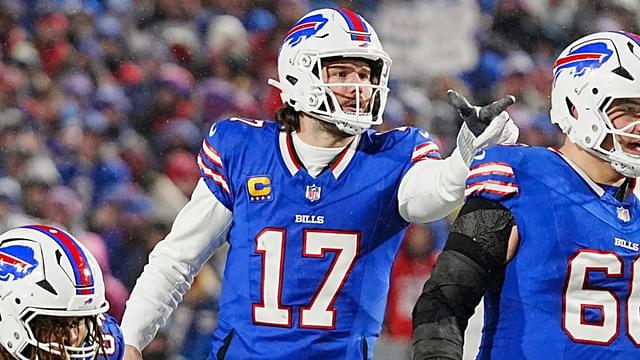 Buffalo Bills quarterback Josh Allen points to something he sees in the Ravens line up during first half action at the Buffalo Bills divisional game against the Baltimore Ravens at Highmark Stadium in Orchard Park on Jan. 19, 2025.