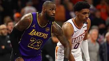 Los Angeles Lakers forward LeBron James (23) against Phoenix Suns forward Ryan Dunn (0) at Footprint Center.