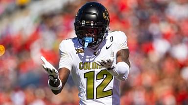 Oct 19, 2024; Tucson, Arizona, USA; Colorado Buffalos wide receiver Travis Hunter (12) reacts against the Arizona Wildcats in the first half at Arizona Stadium.