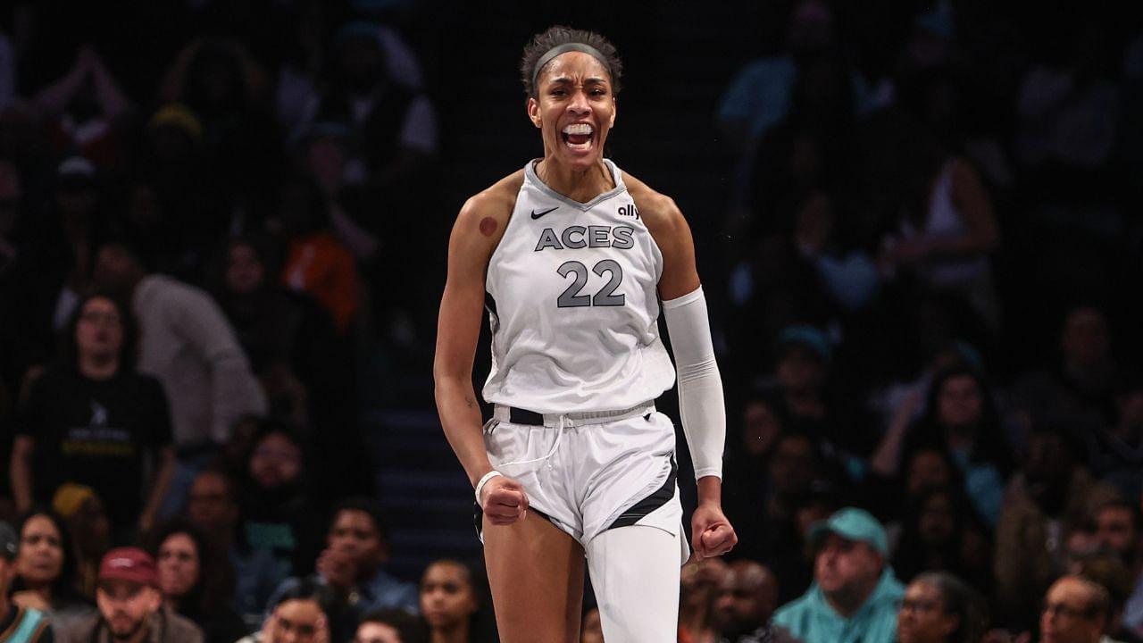 Las Vegas Aces center A'ja Wilson (22) celebrates after scoring in the fourth quarter against the New York Liberty during game two of the 2024 WNBA Semi-finals at Barclays Center.