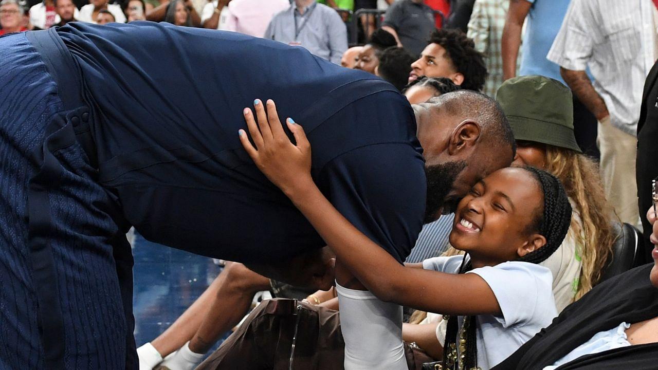 USA forward Lebron James (6) greets his daughter Zhuri James after the third quarter against Canada for the USA Basketball Showcase at T-Mobile Arena