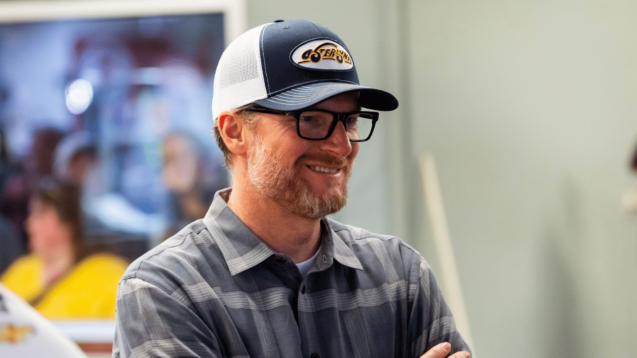 Feb 14, 2025; Daytona Beach, Florida, USA; NASCAR Cup Series team owner Dale Earnhardt Jr during practice for the Daytona 500 at Daytona International Speedway. Mandatory Credit: Mark J. Rebilas-Imagn Images