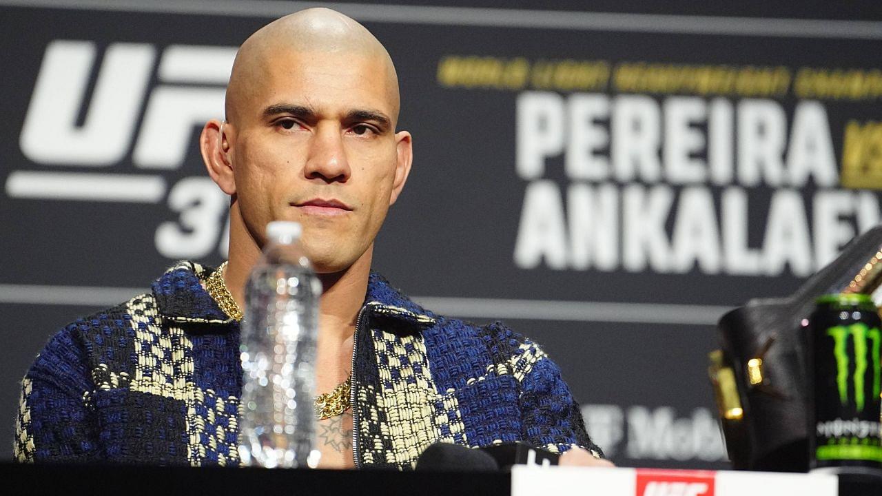 Alex Pereira speaks with the press and the spectators for UFC313 - Pereira vs Ankalaev at Mandalay Bay on March 6, 2025 in Las Vegas, Nevada