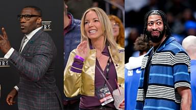 Shannon Sharpe (L), Jeanie Buss (C), Anthony Davis (R)