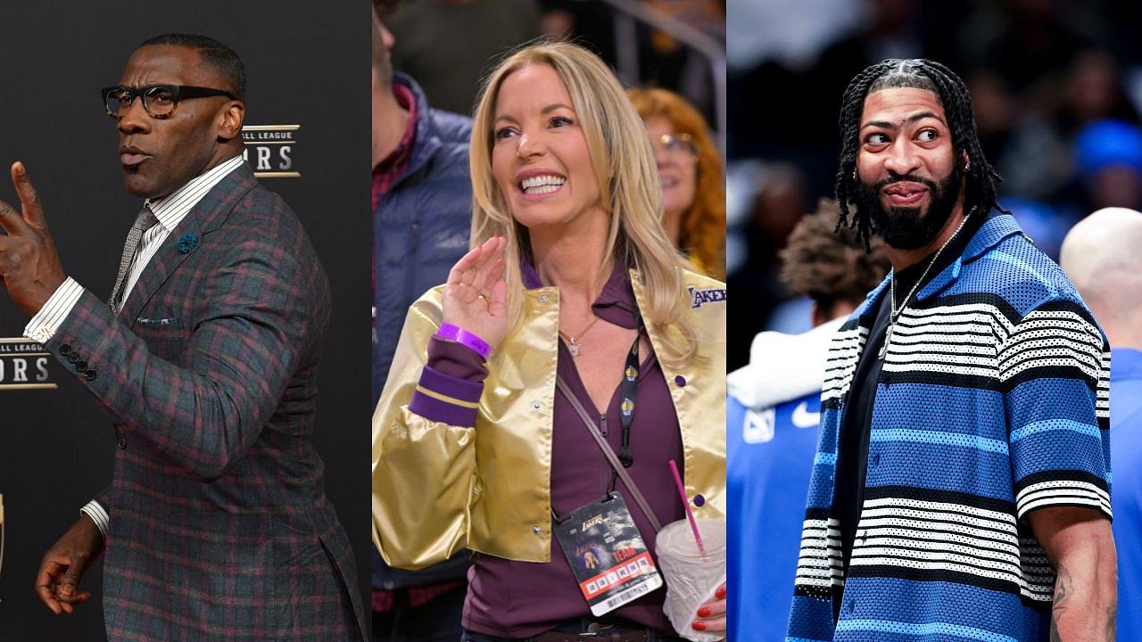 Shannon Sharpe (L), Jeanie Buss (C), Anthony Davis (R)