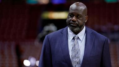 Shaquille O'Neal looks on before game four between the Miami Heat and the Boston Celtics in the Eastern Conference Finals for the 2023 NBA playoffs at Kaseya Center.